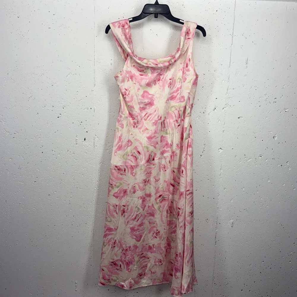 ASTR Women’s XL Pink Watercolor Asymmetric Shoulder Strap Midi Dress NEW - Picture 7 of 13
